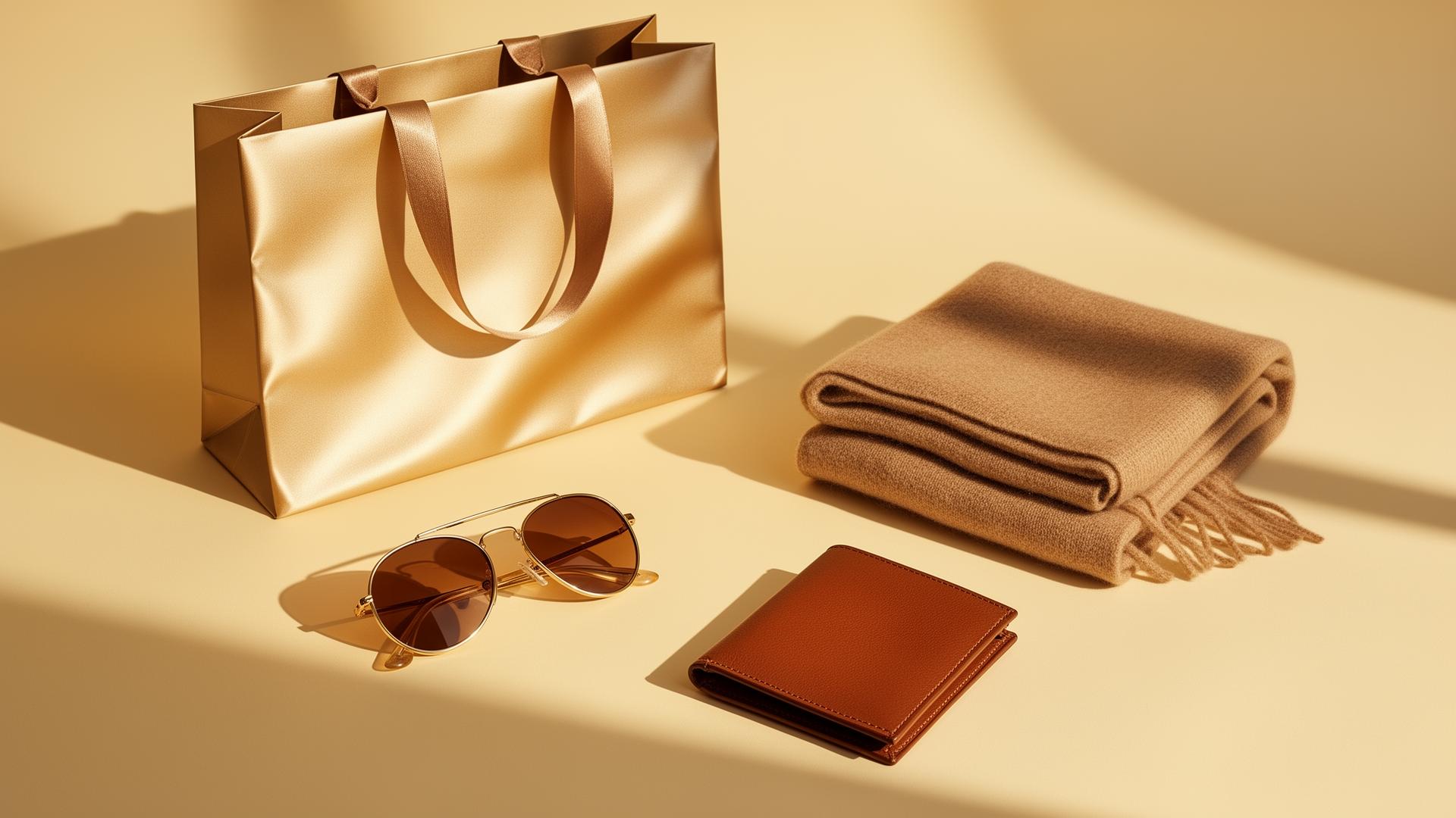 A still life of luxury shopping items in warm golden light
